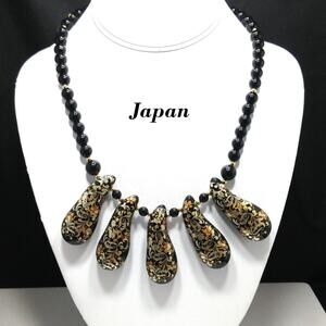 Vintage Japan Hand Painted Porcelain Necklace, Lucite Beads, 1950s